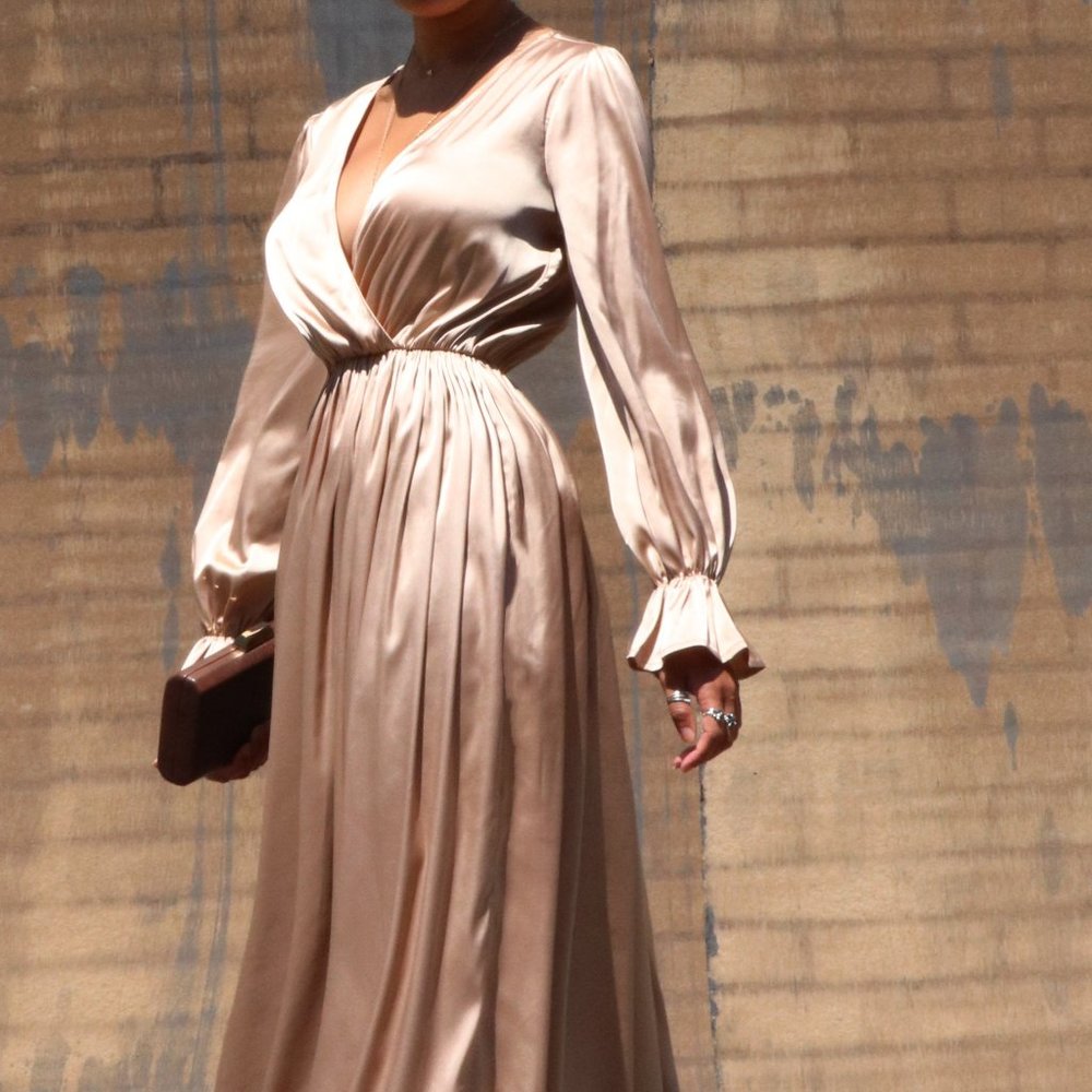 Modest Maxi Dress Champaign Puff Sleeve Maxi SML